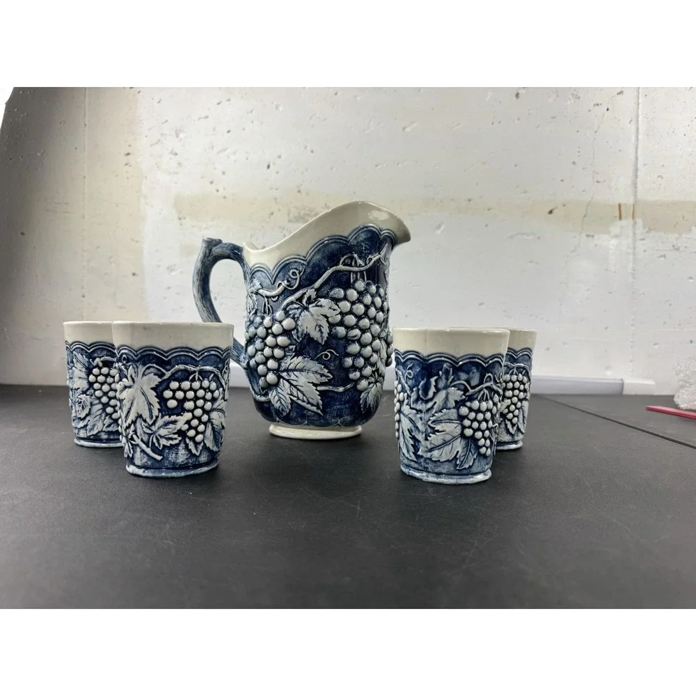 Arnel's Pottery Grapevine Pitcher and 4 cups blue 1970s‎ cottagecore signed